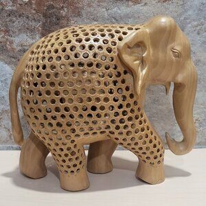 Vintage Wooden Undercut Jali Sculpture Handcrafted Elephant Statues Figurine 8"
